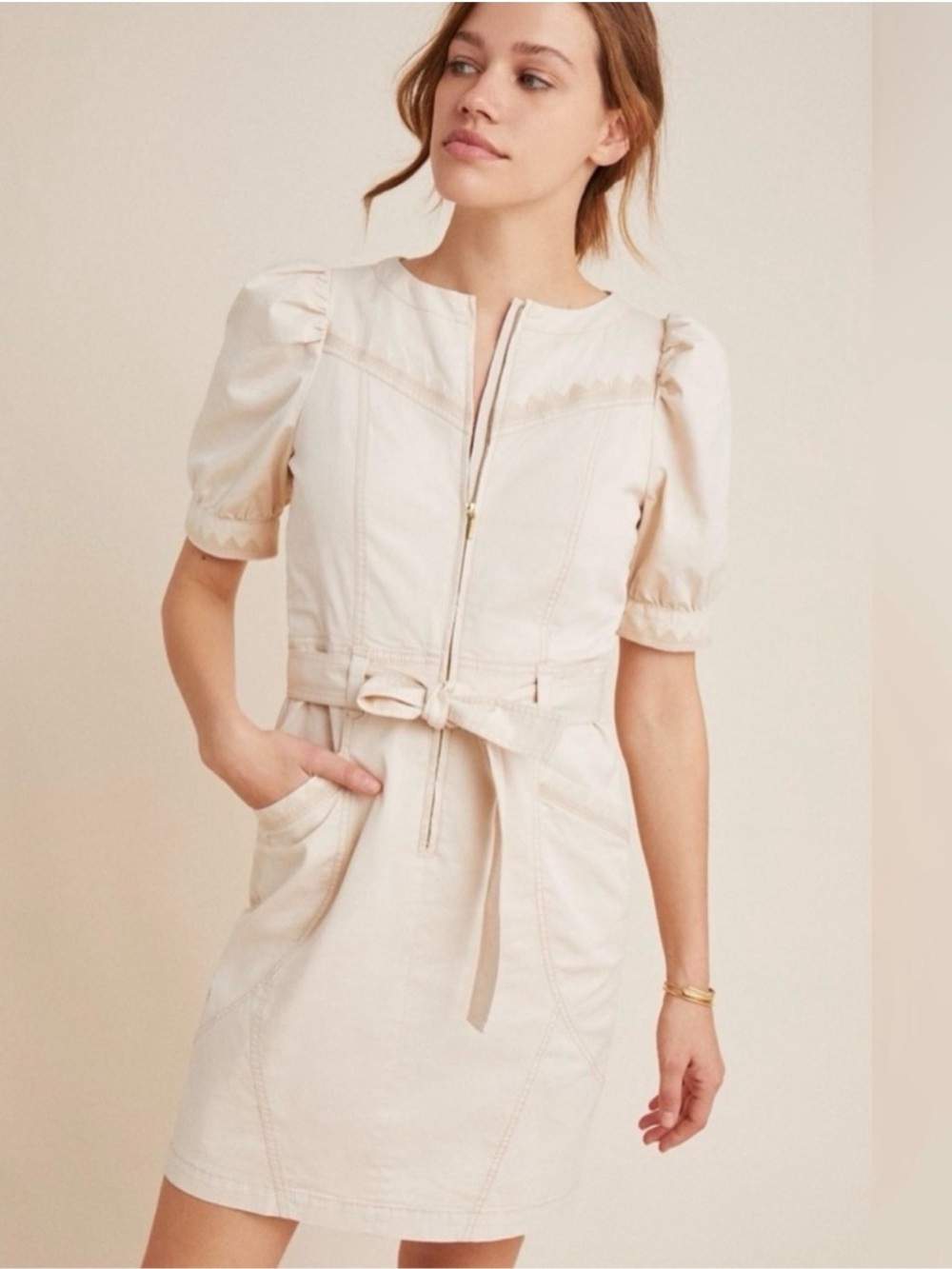 Anthropologie Lorette Puff Sleeve Belted Cream Mini Dress, NWOT, size 2